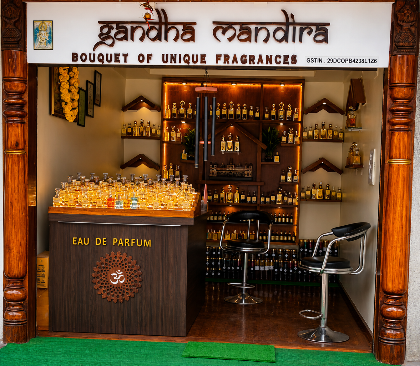 Gandha Mandira fragrance shop storefront in Mysuru with Eau de Parfum counter and wooden pillars